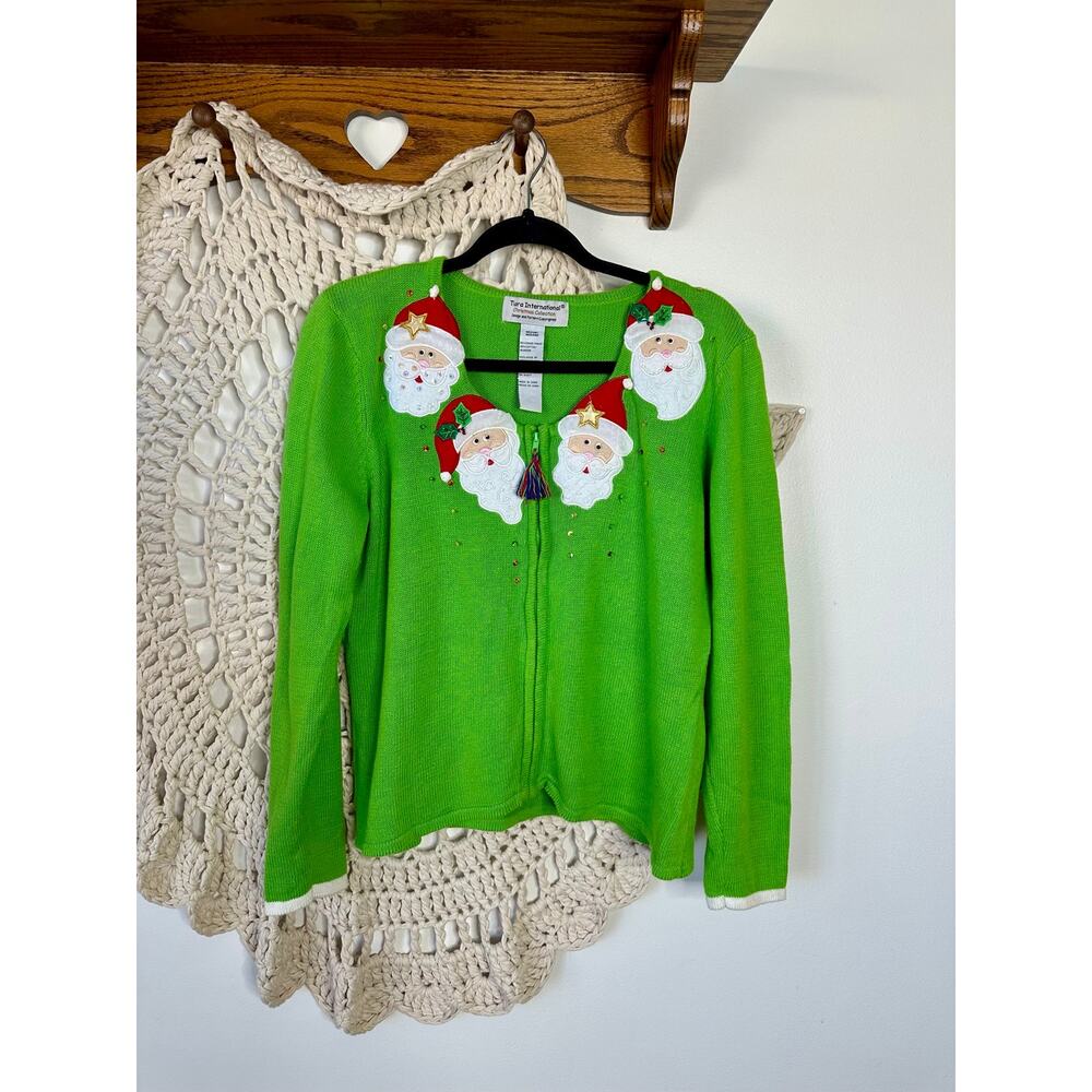 Tiara International Christmas Collection Santa Zip Front Green Sweater Medium